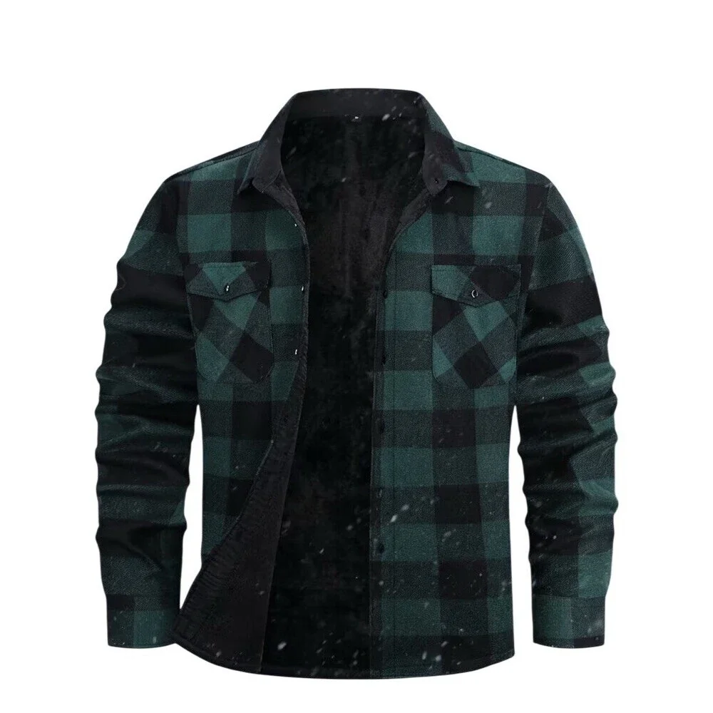 Men’s Shirt Jacket XL Green & Black Buffalo Plaid Fleece Lined Winter Fall Cozy